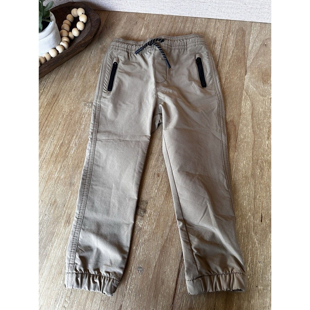 Cat & Jack Boys 3T Tan Jogger Pants Stretch Drawstring Elastic Waist Zip Pockets